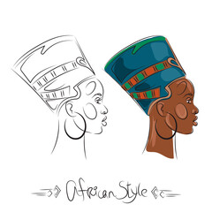 Egyptian Queen Nefertiti in African style. Portrait of an African woman in profile. Vector line art isolated on white.