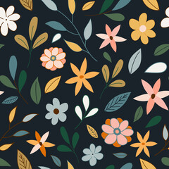 Colorful flowers, herbs and leaves. Floral Jungle black. Vector Art. Illustrated flowers, seamless pattern on black background. Material for design fabric, textile, wallpaper and trendy prints.