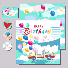 happy birthday cards for kids with car and baloons,