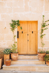 Fototapeta na wymiar Large wooden front door with oleander plants in pots. House by the lake in Italy, Greece or Spain. Entrance door nicely decorated with plants and flowers. 