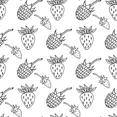 Seamless pattern with black-and-white strawberry and raspberry on white background. Vector image.