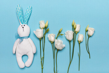 Greeting card with hare rabbit and fresh lisianthus flowers, birthday, March 8, women day, Valentine day, February 14.