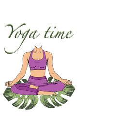 Vector illustration with female figure and lettering. Hand written phrase design with isolated silhouette of woman meditating in lotus position