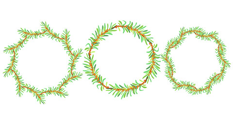 Set of sea buckthorn wreaths. Sea buckthorn berries and leaves. Vector illustration.