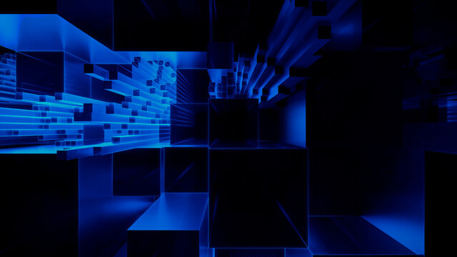 Futuristic, High Tech, Blue Background, with 3D Blocks. Digital Connectivity Concept. 3D Render