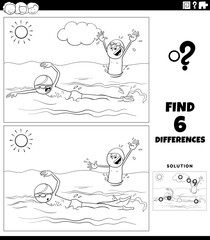 differences game with swimming boys coloring book page