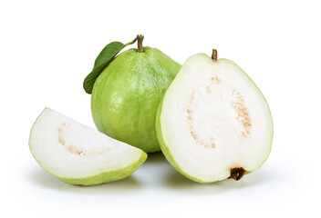 Guava fruit with leaf isolated on white background