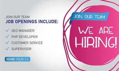 Hiring recruitment design poster. We are hiring lettering with geometric shapes. Vector illustration. Open vacancy design template.