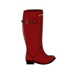 Pair of red shiny rubber boots. Waterproof footwear for Autumn rainy weather. Fashion burgundy gumboots, wellingtons. Fall season rain boots. Cartoon vector object, design element isolated