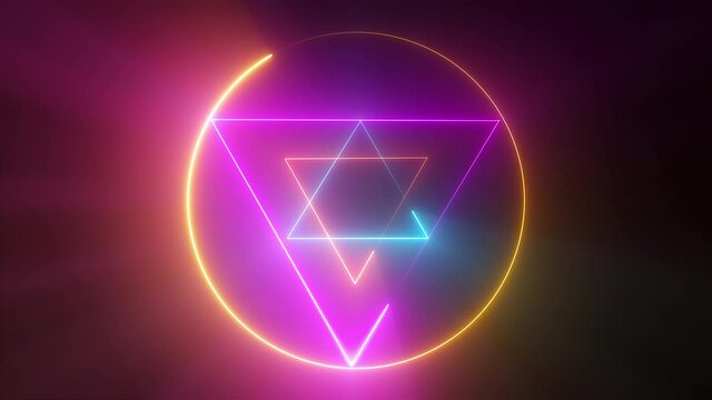 Esoteric 3d render triangle with glowing lines and star david. Occult bright geometric pentacle that ignites in mystical witchcraft fire. Polygonal alchemical talisman with pagan symbols.