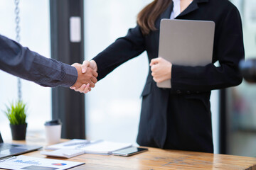 accountant woman happy working in new office, business woman working through laptop