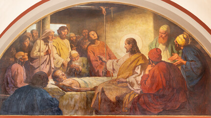 VIENNA, AUSTIRA - JUNI 18, 2021: The fresco Jesus Heals a Lame Man in Herz Jesu church from begin...