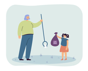 Woman and little girl collecting trash together. Flat vector illustration. Mom, daughter collecting scattered for its further processing. Ecology, nature, recycling, planet, family, education concept