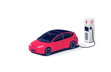Foto op Aluminium Isometric electric car charging parking at the charger station with a plug in cable. Isolated flat vector illustration with fast charge stall and plug in cable. Electrified transportation e-motion. © petovarga