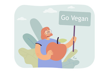 Cartoon woman calling for vegan lifestyle. Flat vector illustration. Girl holding huge apple and banner with go vegan slogan. Veganism, nutrition, lifestyle, plant foods concept for banner design