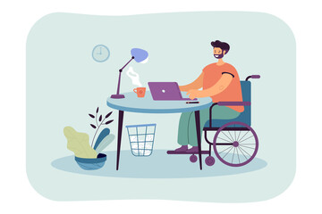 Man in wheelchair working and communicating online. Flat vector illustration. Disabled man enjoying accessibility of normal life due to computer. Workplace, freelance, invalid, technology concept