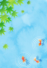 Fototapeta na wymiar 水彩風の紅葉と金魚と水の夏イメージのベクターイラスト背景(フレーム)