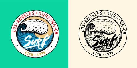 Sea wave emblem. Surfing sign. Summer Surf. Blue water. Vintage tide. Engraved emblem hand drawn. Retro poster or banner