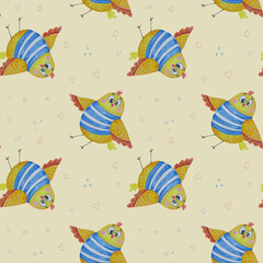 Seamless pattern. Funny yellow bird sailor in a striped vest on a light yellow background. Watercolor. Illustration Hand drawing for design, decor, textiles, wallpaper, packaging, childrens collection
