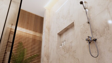 a Dry Bathroom With a Natural Concept of Both Lighting And Plant Ornaments