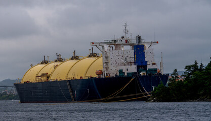 LNG (Liquid Natural Gas) tanker in long time storage, looking a bit worn down.