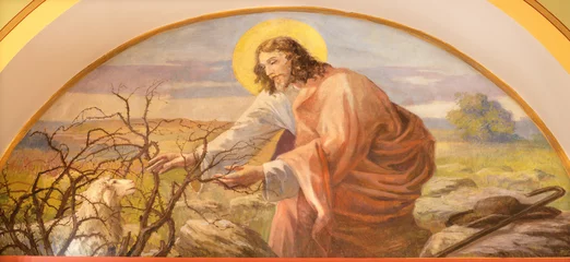 Poster VIENNA, AUSTIRA - JUNI 18, 2021: The symbolic fresco of Jesus  good Sheepherd in Herz Jesu church from begin of 20. cent. by autor with F.Z. initials. © Renáta Sedmáková
