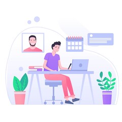 Talking online, concept of working at home. Character sitting at the office looking screen on the desk. Office character working online. Man at home sitting looking for work Vector Illustration