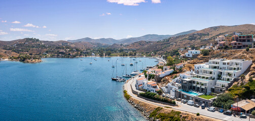 Fototapeta na wymiar Greece, Kea Tzia island. Vourkari marina and Gialiskari village aerial drone view