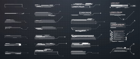 Callouts titles. Callout bar labels, information call box bars and modern digital info. Tech digital info boxes hud templates. Futuristic set advertising communication. Vector illustration