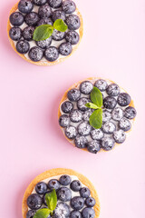 Delicious dessert blueberry tart with fresh berries on pink, sweet tasty cheesecake, berry pie. French cuisine