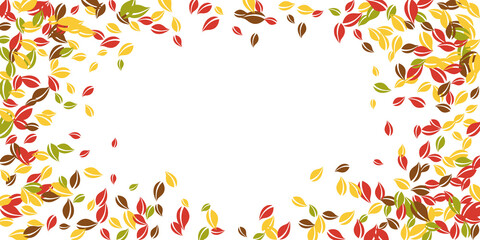 Falling autumn leaves. Red, yellow, green, brown chaotic leaves flying. Vignette colorful foliage on tempting white background. Beauteous back to school sale.