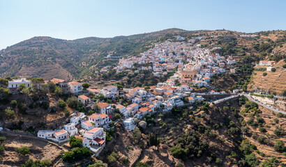 Greece, Kea island. Aerial drone view panorama of Ioulis chora