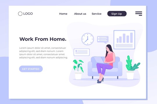 Girl sitting on the sofa works with laptop, modern freelancer template for website. Concept with characters and text for services. Web page, flat design illustration
