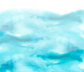 Watercolor line of blue paint, splash, smear, blot, abstraction. Abstract watercolor art frame. Strokes of paint, lines, splash. Horizontal line,background. Blue sea, Hill, fog mountain