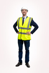 Cheerful engineer in waistcoat and hardhat