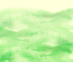 Watercolor green background, blot, blob, splash of green paint. Watercolor field, meadow, spot, abstraction. Wild grass, bushes, country abstract landscape. Watercolor card, banner. splashing