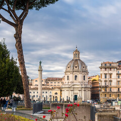 Obraz premium The Church of the Most Holy Name of Mary at the Trajan Forum (Santissimo Nome di Maria al Foro Traiano) and Trajan's Column., Rome, Italy