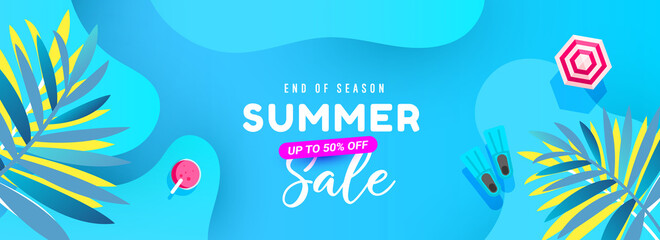Hello Summer sale banner with sea tropical leaves background.