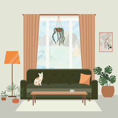 Cozy living room interior with sofa, large window, cat and plants growing in pots. Flat style vector illustration.