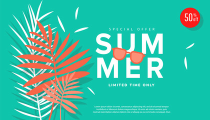 Fototapeta na wymiar Hello summer sale banner design with tropical leaves on striped green background for store marketing promotion.