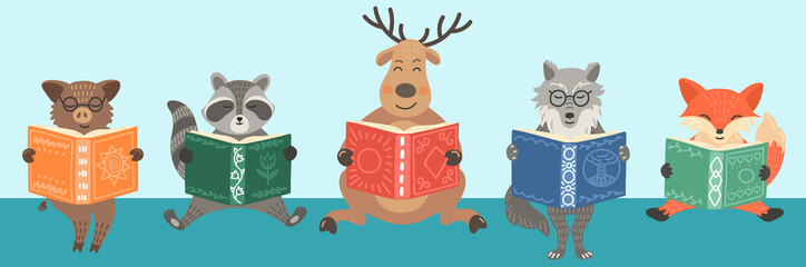 Cute woodland animals read books. Children's vector illustration. Kids' library concept. Storytime.