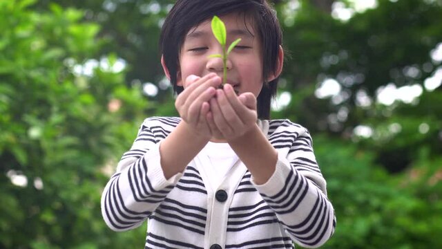Happy Asian Child Holding Young Plant In Hands With Nature Background
