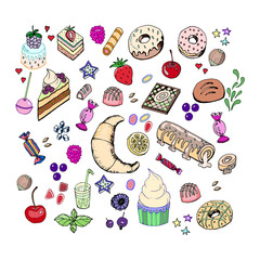 Big set with sweets. Cupcakes vector illustrations for a website, bakery, menu.