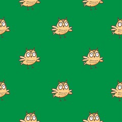 Seamless pattern with cute cartoon owls on green background. Funny doodle vector wallpaper. Line art animals print.