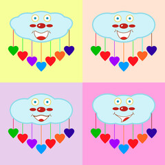 Set of cute cartoon clouds with colorful hearts and funny faces for kids room decor, card, interior, scrapbooking and other design ideas. Vector drawing.