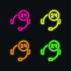 24 Hours Support four color glowing neon vector icon