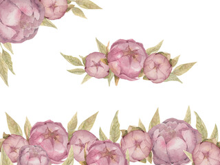 Watercolor hand-drown illustration with pink peonies and green leaves