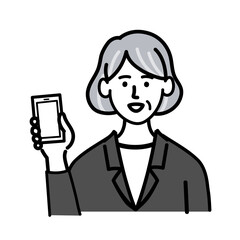 女性　シニア　スーツ　ベクター　ポップ　携帯電話　スマホ
