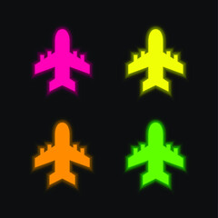 Obraz premium Airplane four color glowing neon vector icon
