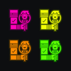 Background Check four color glowing neon vector icon
